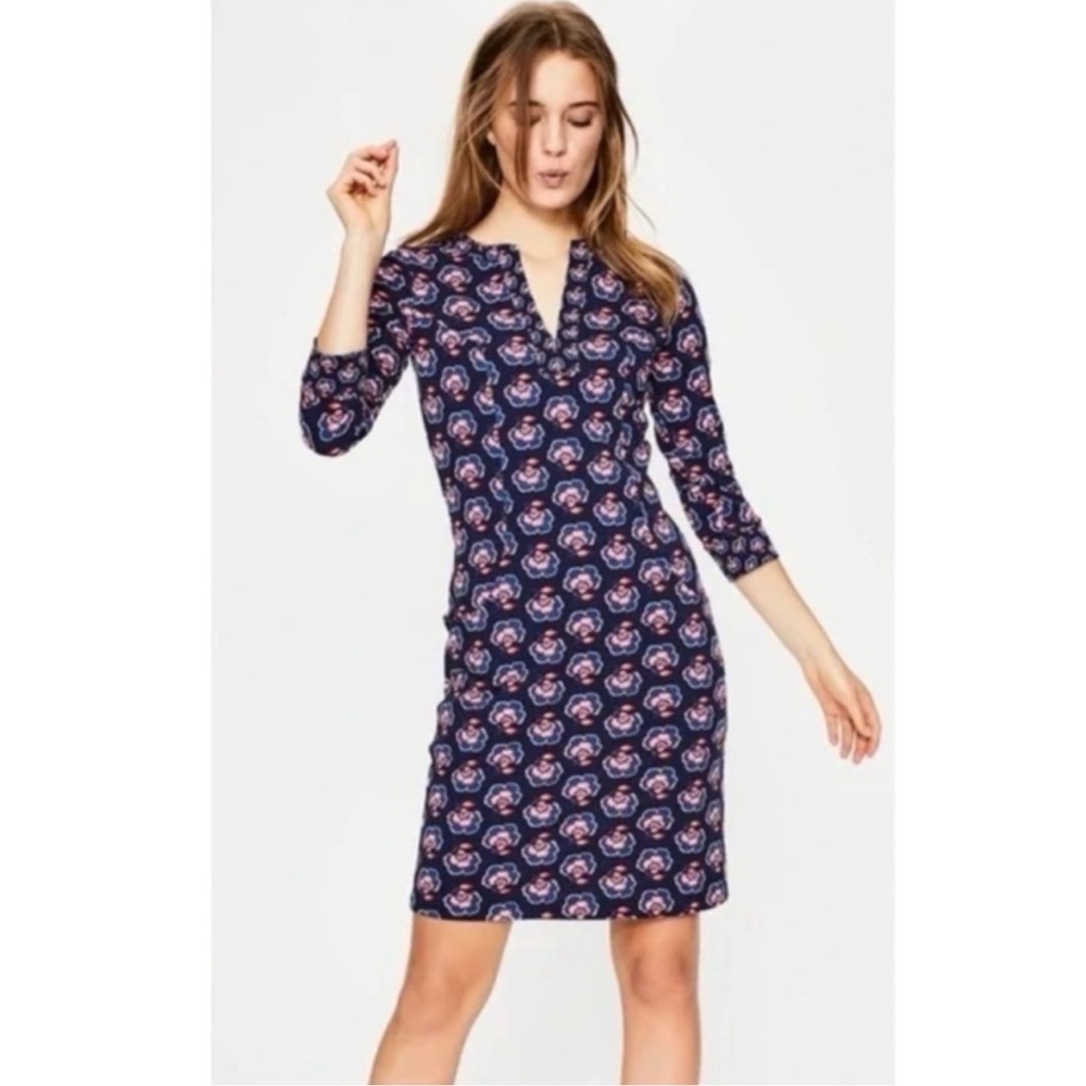 Boden Stephanie Jersey Blue and Red 3/4 Sleeve V-Neck Dress Size 16